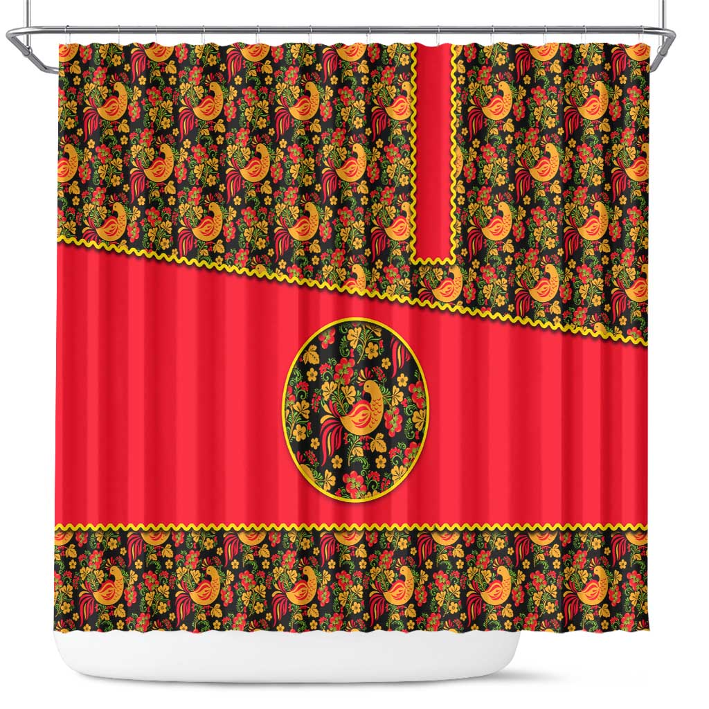 Russia Folk Art Shower Curtain with Khokhloma Pattern and Traditional Rooster Design