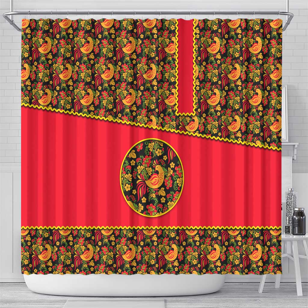 Russia Folk Art Shower Curtain with Khokhloma Pattern and Traditional Rooster Design