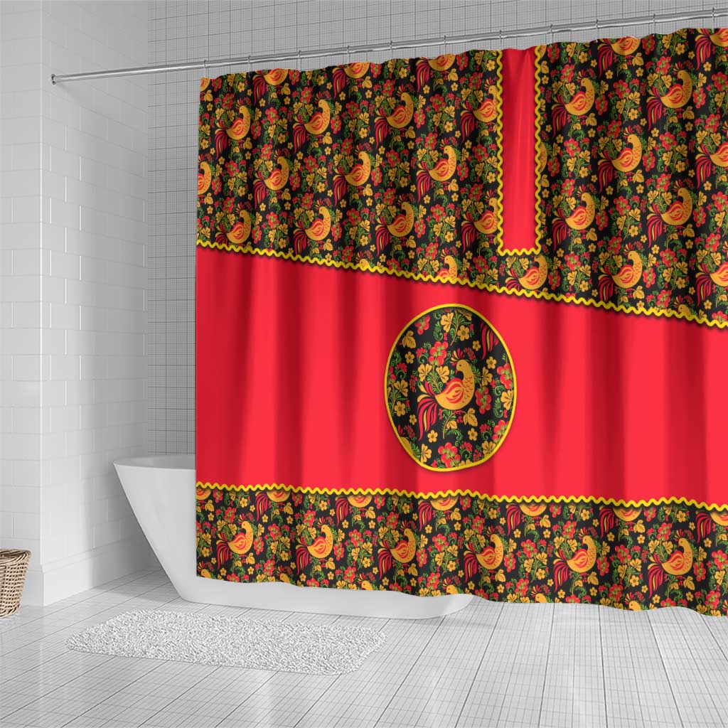Russia Folk Art Shower Curtain with Khokhloma Pattern and Traditional Rooster Design
