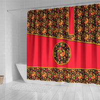 Russia Folk Art Shower Curtain with Khokhloma Pattern and Traditional Rooster Design