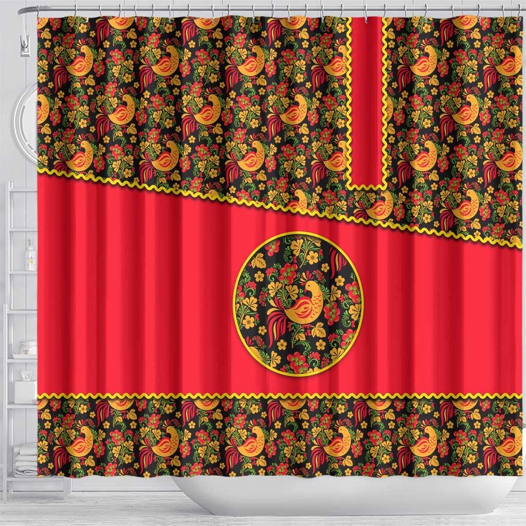 Russia Folk Art Shower Curtain with Khokhloma Pattern and Traditional Rooster Design
