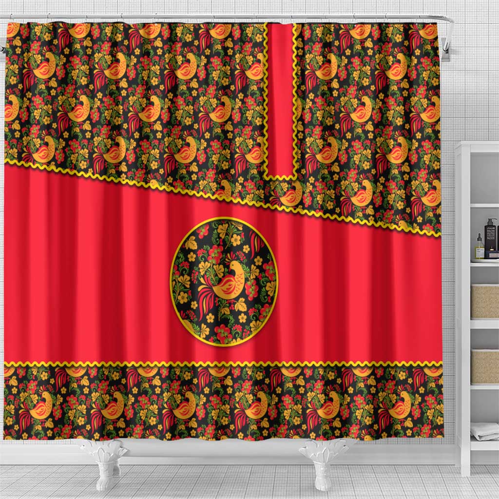 Russia Folk Art Shower Curtain with Khokhloma Pattern and Traditional Rooster Design
