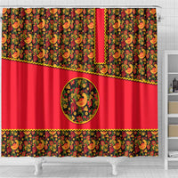 Russia Folk Art Shower Curtain with Khokhloma Pattern and Traditional Rooster Design