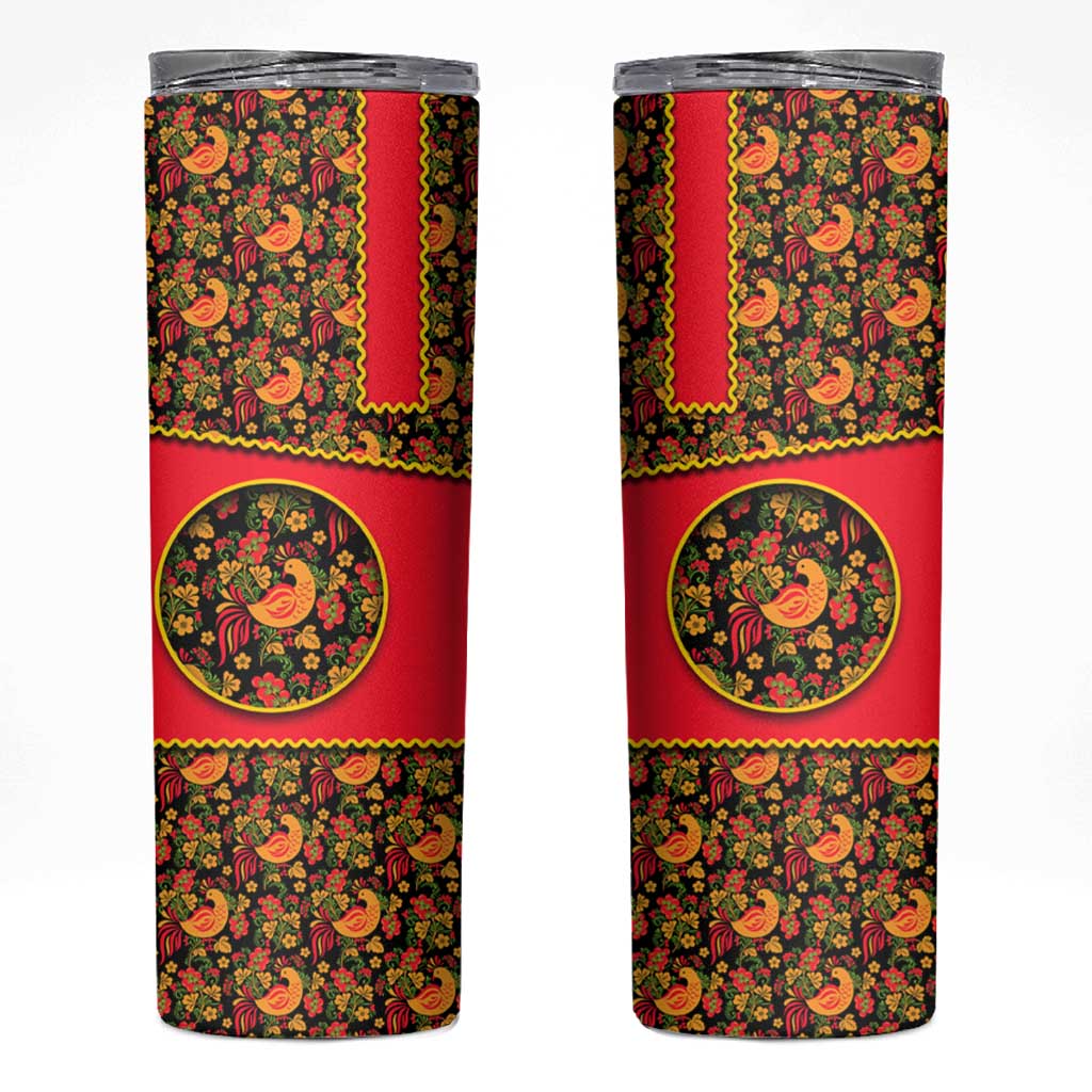 Russia Folk Art Skinny Tumbler with Khokhloma Pattern and Traditional Rooster Design