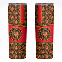 Russia Folk Art Skinny Tumbler with Khokhloma Pattern and Traditional Rooster Design