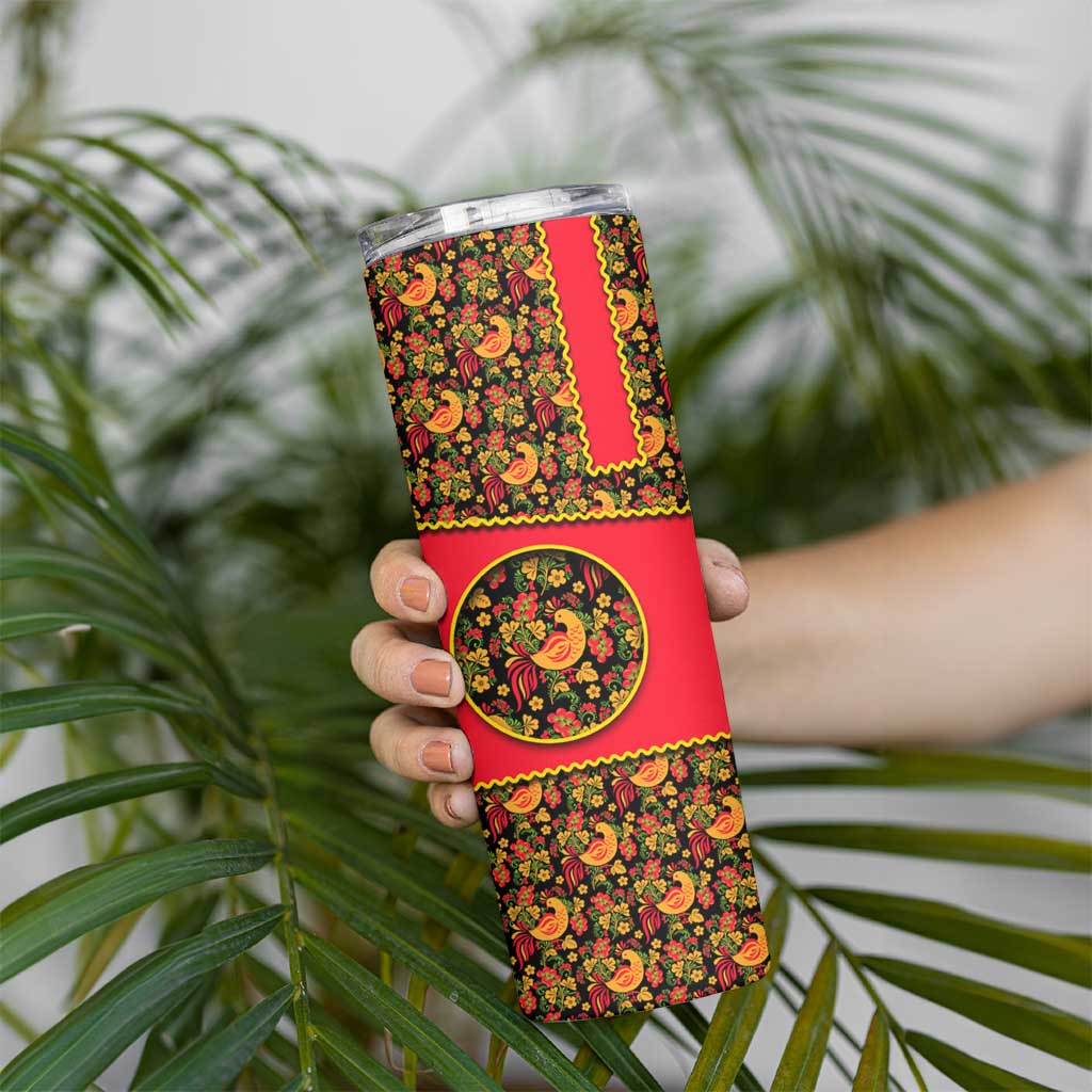 Russia Folk Art Skinny Tumbler with Khokhloma Pattern and Traditional Rooster Design