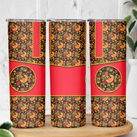 Russia Folk Art Skinny Tumbler with Khokhloma Pattern and Traditional Rooster Design