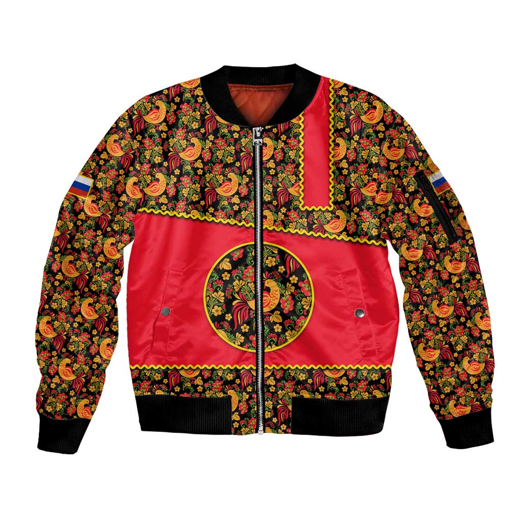 Russia Folk Art Sleeve Zip Bomber Jacket with Khokhloma Pattern and Traditional Rooster Design