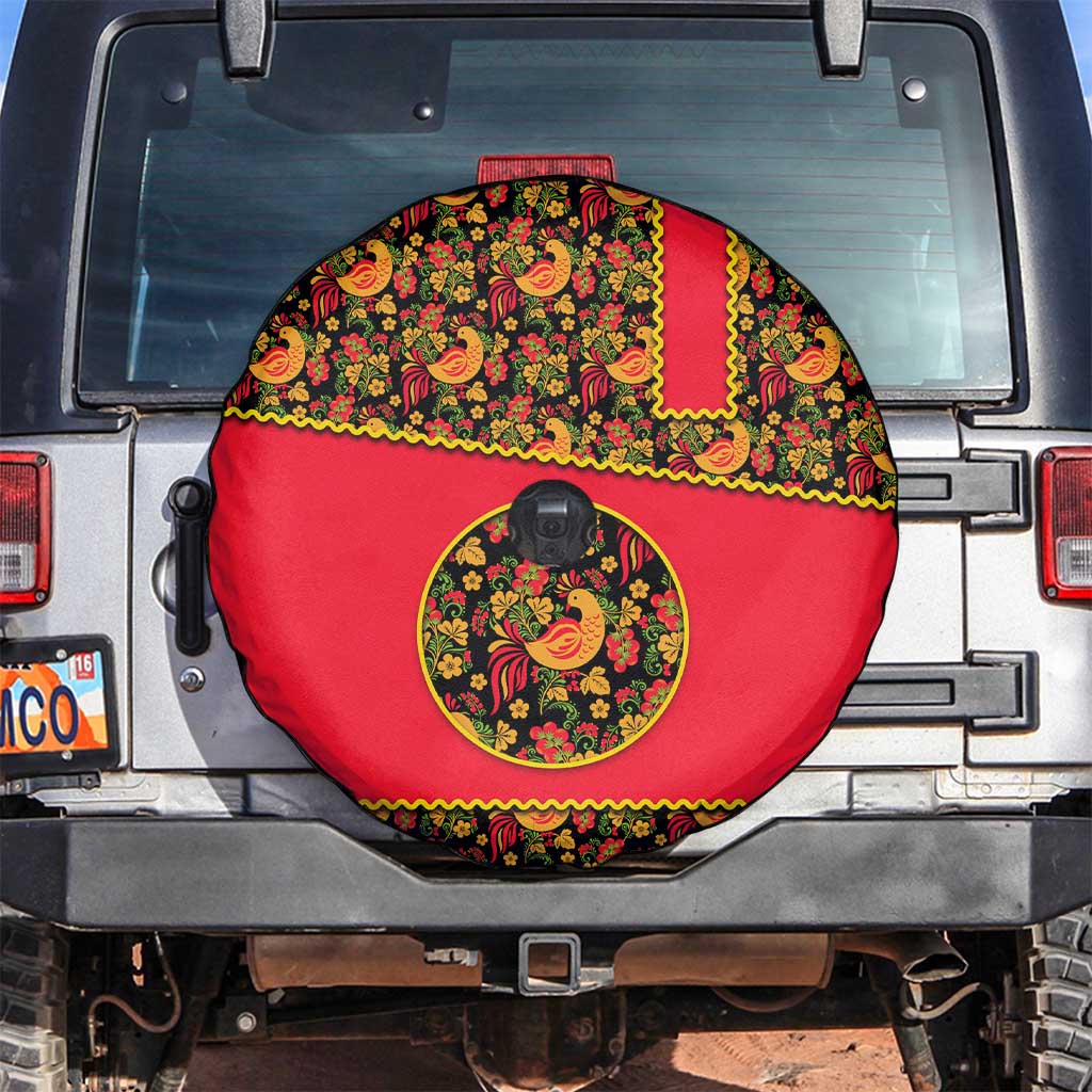 Russia Folk Art Spare Tire Cover with Khokhloma Pattern and Traditional Rooster Design