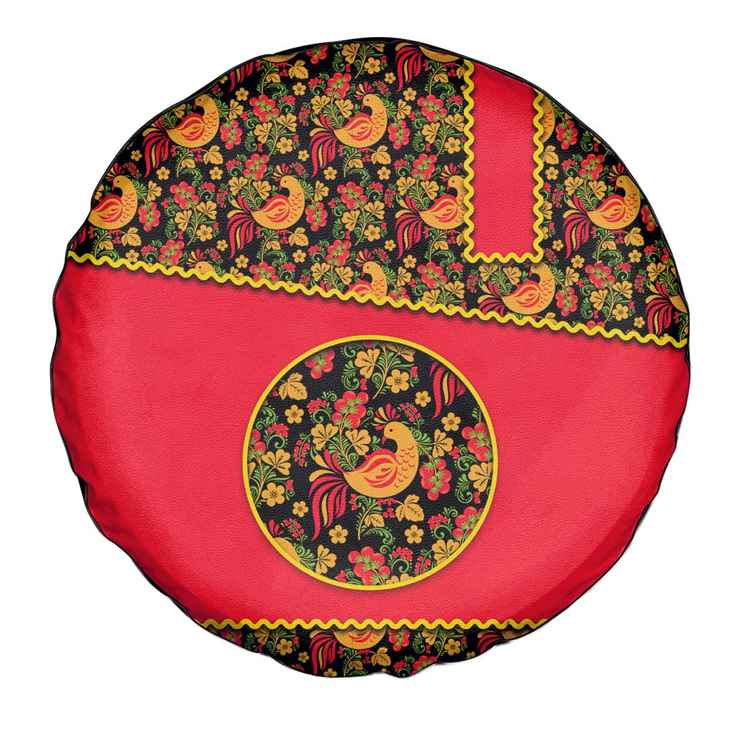 Russia Folk Art Spare Tire Cover with Khokhloma Pattern and Traditional Rooster Design