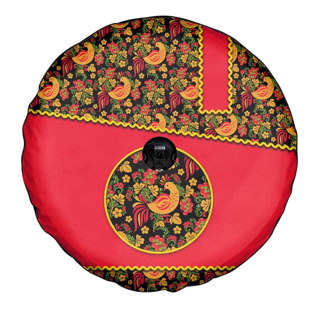 Russia Folk Art Spare Tire Cover with Khokhloma Pattern and Traditional Rooster Design