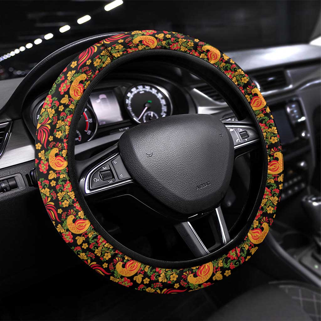 Russia Folk Art Steering Wheel Cover with Khokhloma Pattern and Traditional Rooster Design