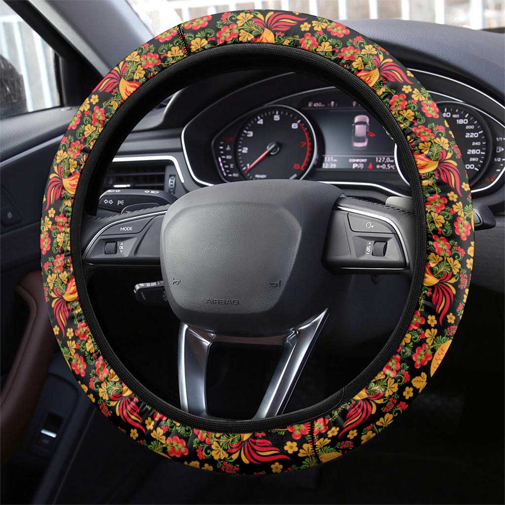 Russia Folk Art Steering Wheel Cover with Khokhloma Pattern and Traditional Rooster Design