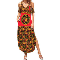 Russia Folk Art Summer Maxi Dress with Khokhloma Pattern and Traditional Rooster Design