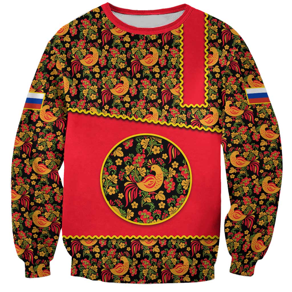 Russia Folk Art Sweatshirt with Khokhloma Pattern and Traditional Rooster Design