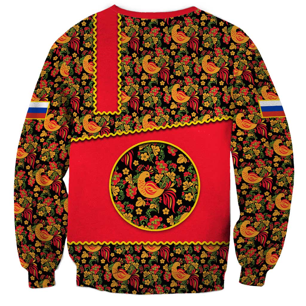 Russia Folk Art Sweatshirt with Khokhloma Pattern and Traditional Rooster Design