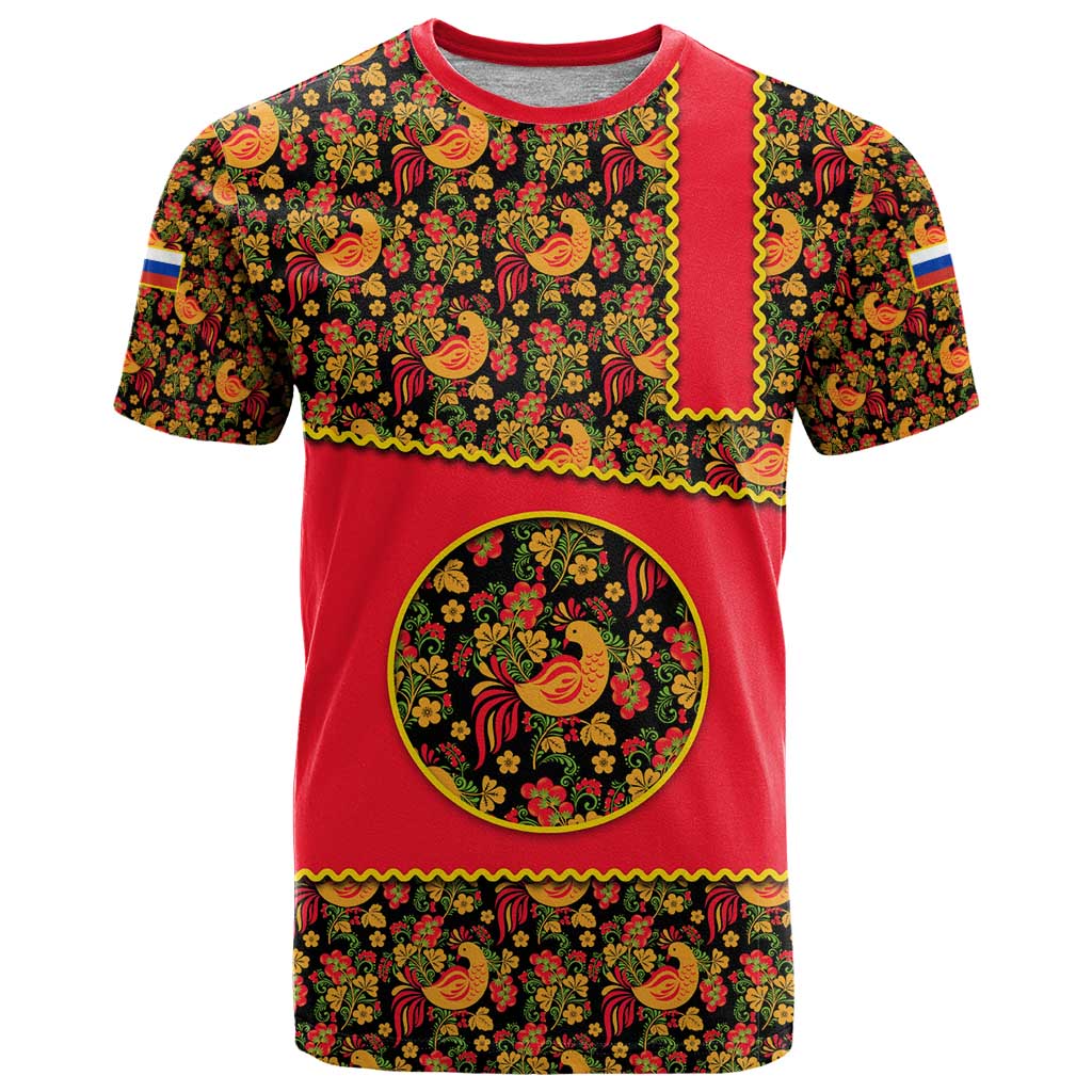 Russia Folk Art T Shirt with Khokhloma Pattern and Traditional Rooster Design
