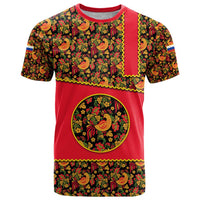Russia Folk Art T Shirt with Khokhloma Pattern and Traditional Rooster Design