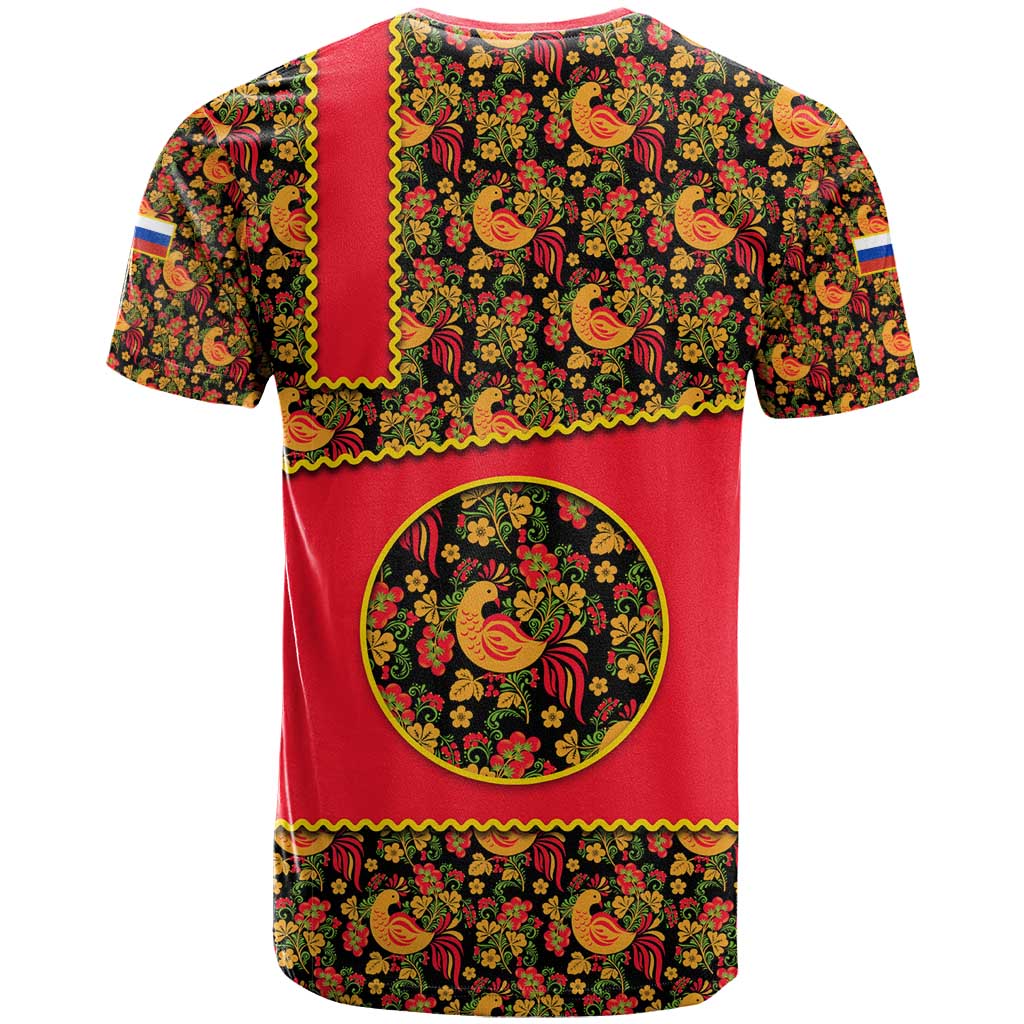 Russia Folk Art T Shirt with Khokhloma Pattern and Traditional Rooster Design