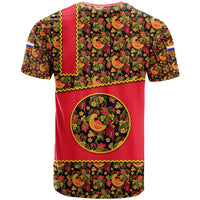 Russia Folk Art T Shirt with Khokhloma Pattern and Traditional Rooster Design