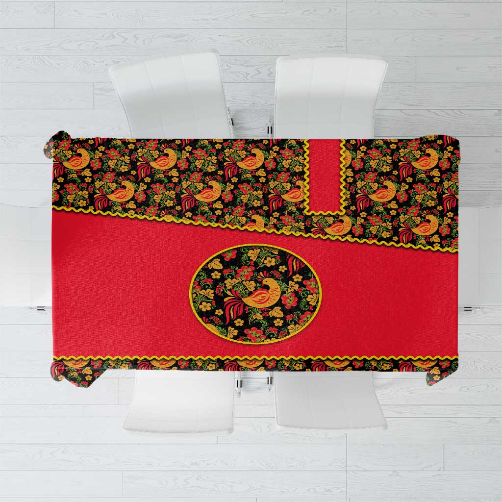 Russia Folk Art Tablecloth with Khokhloma Pattern and Traditional Rooster Design