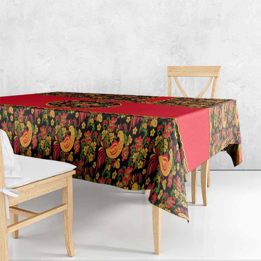 Russia Folk Art Tablecloth with Khokhloma Pattern and Traditional Rooster Design