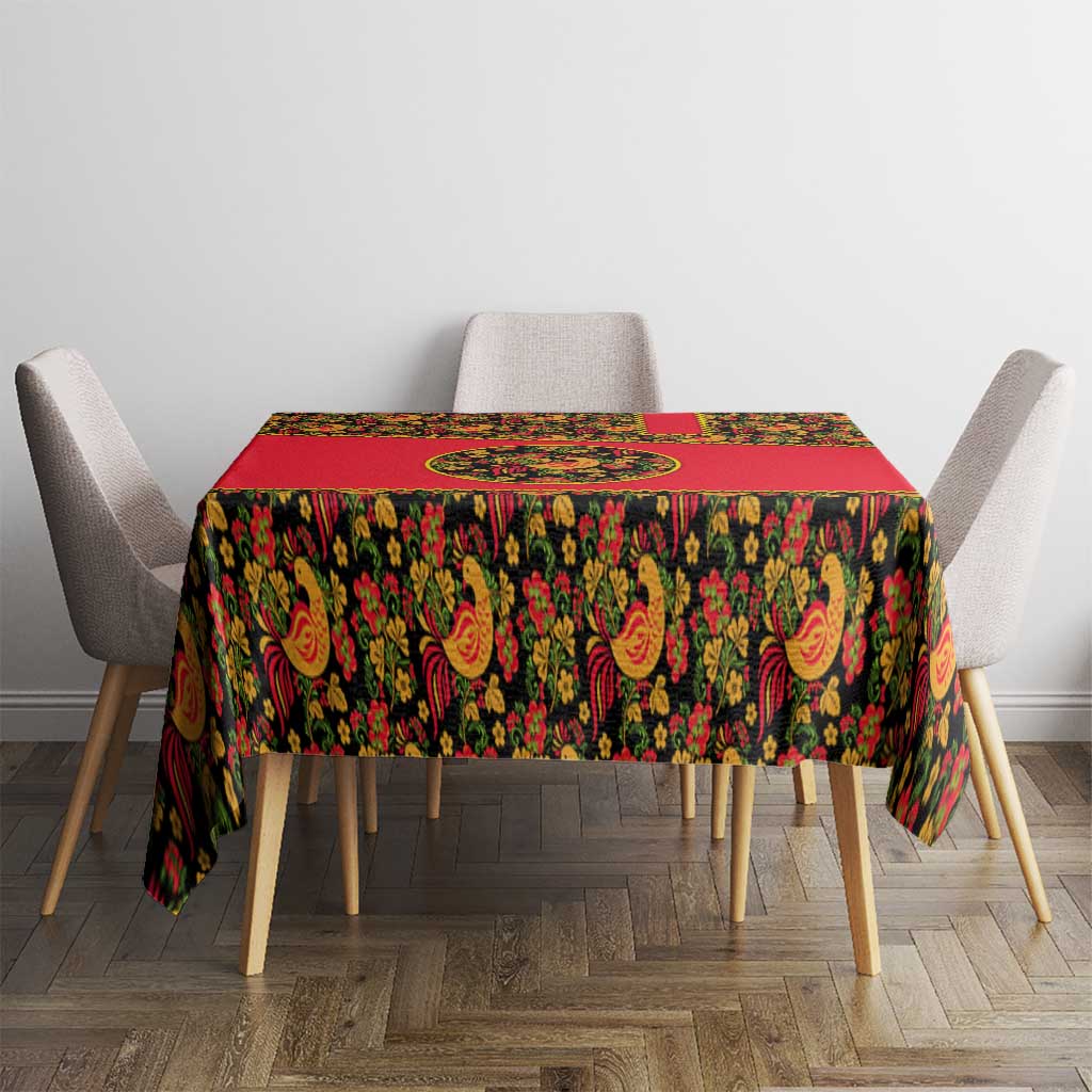 Russia Folk Art Tablecloth with Khokhloma Pattern and Traditional Rooster Design