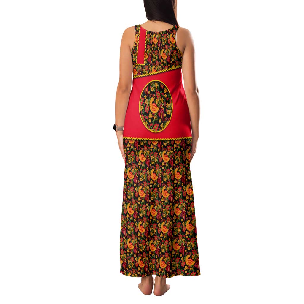 Russia Folk Art Tank Maxi Dress with Khokhloma Pattern and Traditional Rooster Design