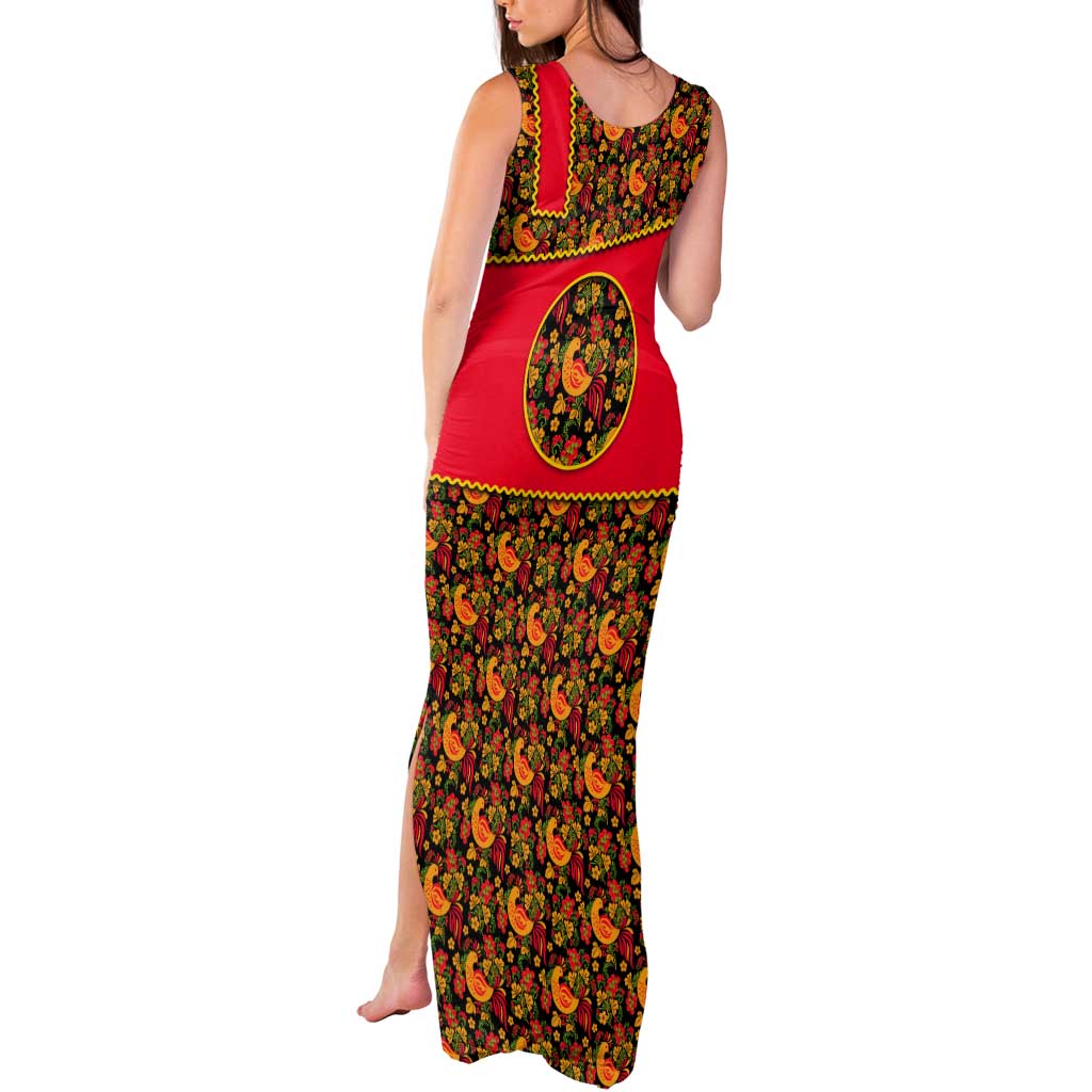 Russia Folk Art Tank Maxi Dress with Khokhloma Pattern and Traditional Rooster Design
