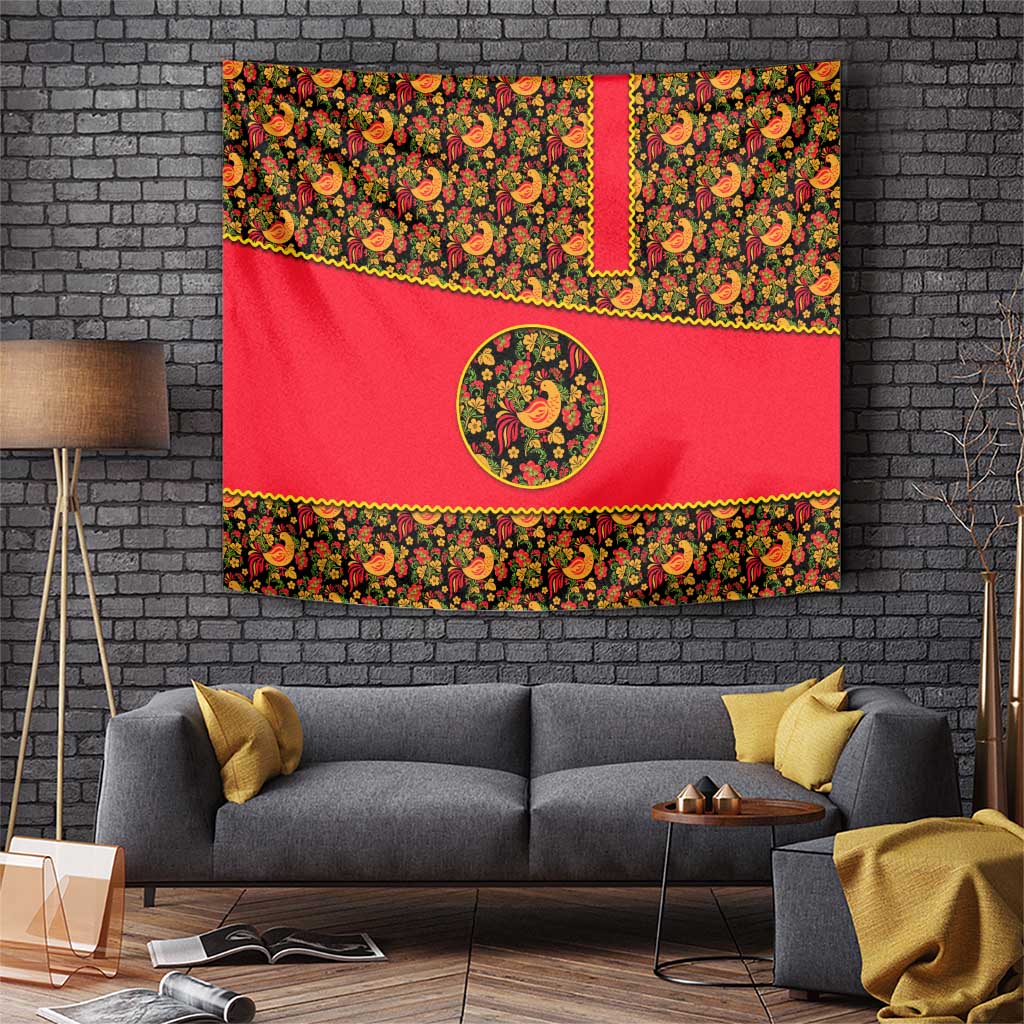 Russia Folk Art Tapestry with Khokhloma Pattern and Traditional Rooster Design
