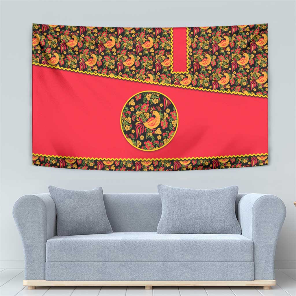 Russia Folk Art Tapestry with Khokhloma Pattern and Traditional Rooster Design