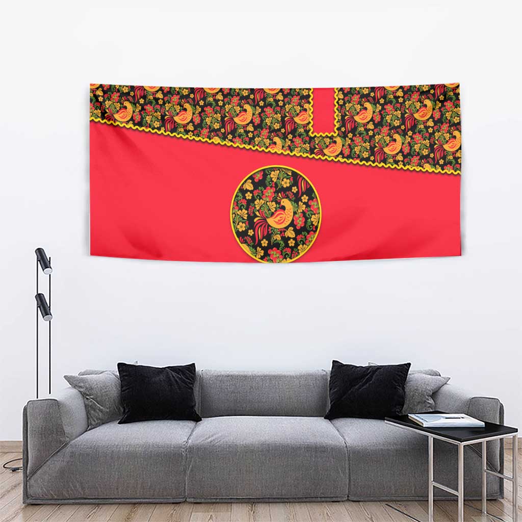 Russia Folk Art Tapestry with Khokhloma Pattern and Traditional Rooster Design