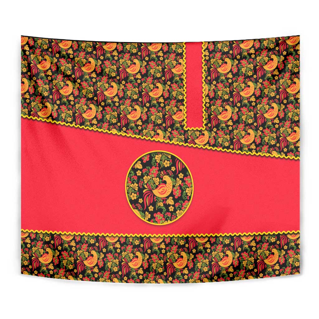 Russia Folk Art Tapestry with Khokhloma Pattern and Traditional Rooster Design