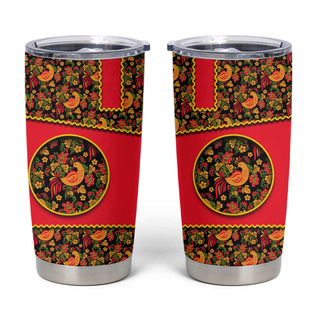 Russia Folk Art Tumbler Cup with Khokhloma Pattern and Traditional Rooster Design