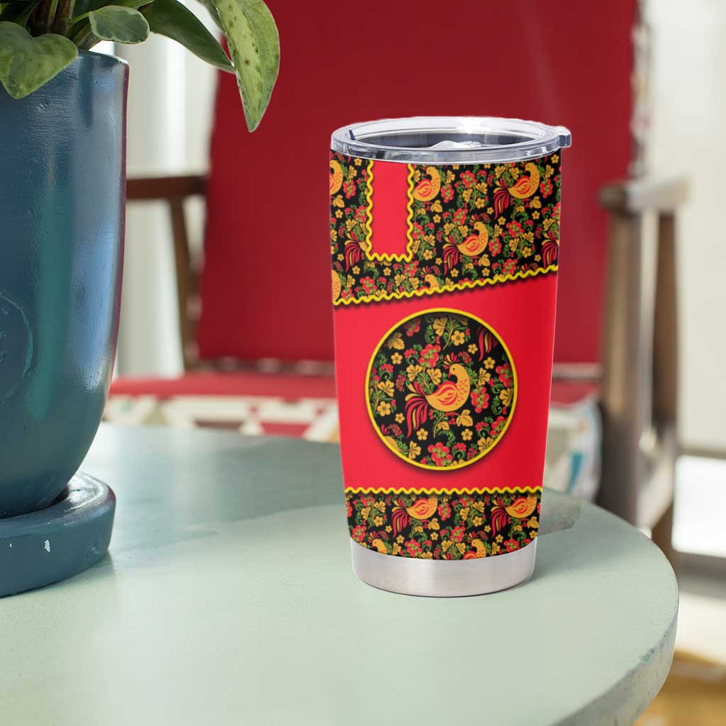 Russia Folk Art Tumbler Cup with Khokhloma Pattern and Traditional Rooster Design