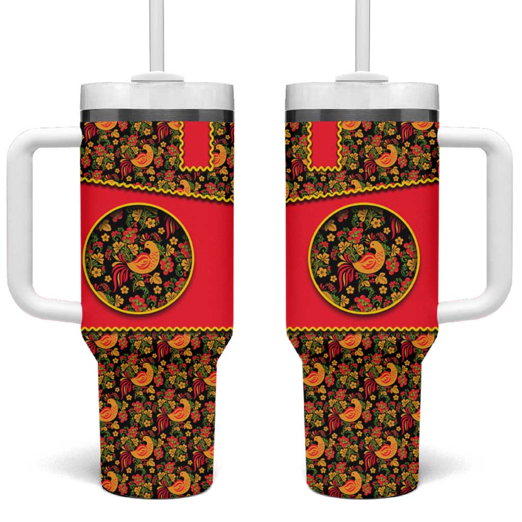 Russia Folk Art Tumbler With Handle with Khokhloma Pattern and Traditional Rooster Design
