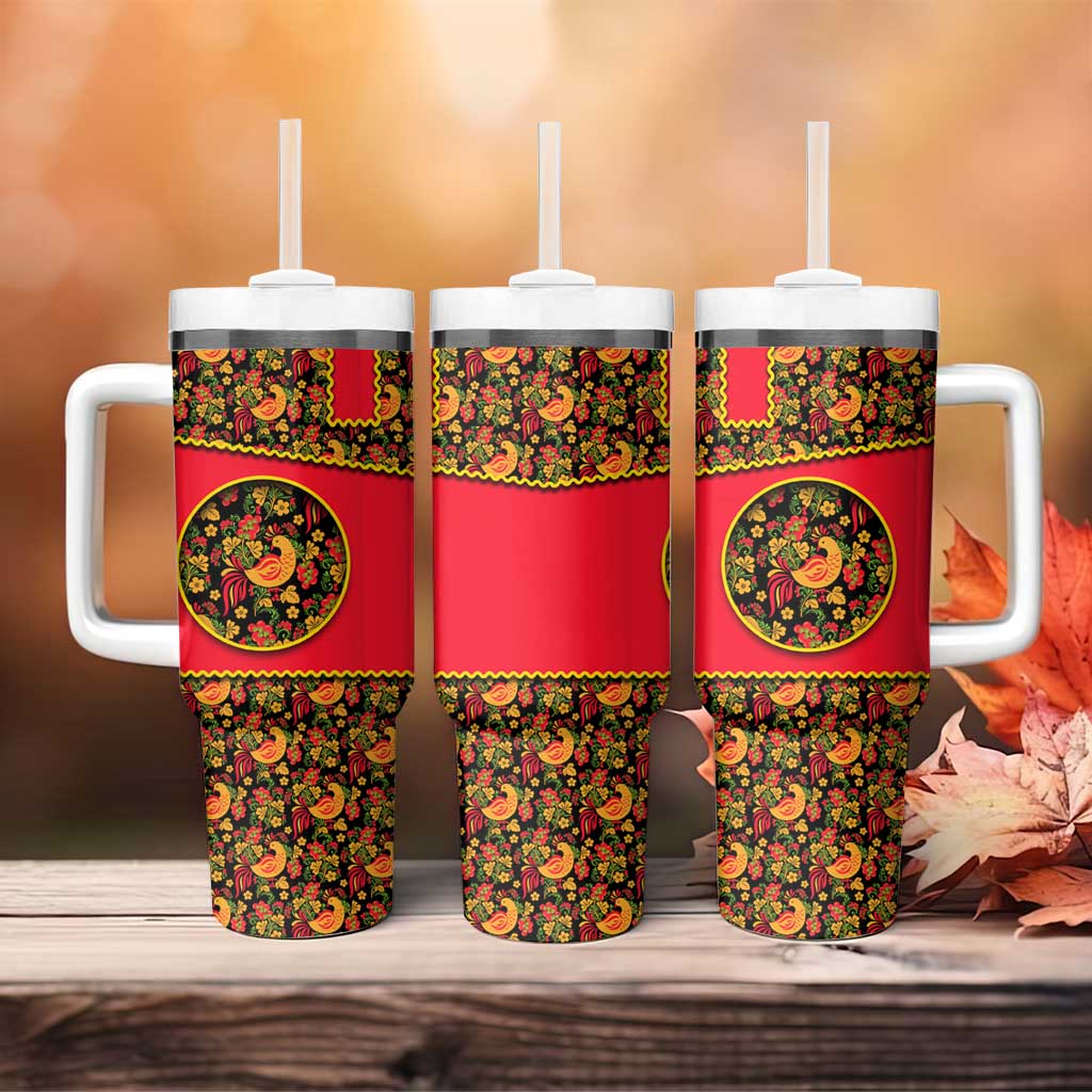 Russia Folk Art Tumbler With Handle with Khokhloma Pattern and Traditional Rooster Design