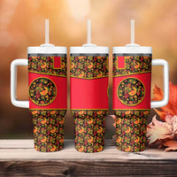 Russia Folk Art Tumbler With Handle with Khokhloma Pattern and Traditional Rooster Design