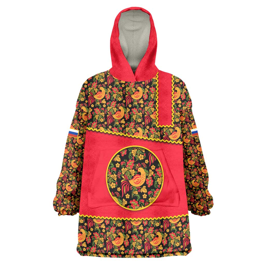 Russia Folk Art Wearable Blanket Hoodie with Khokhloma Pattern and Traditional Rooster Design