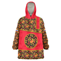 Russia Folk Art Wearable Blanket Hoodie with Khokhloma Pattern and Traditional Rooster Design