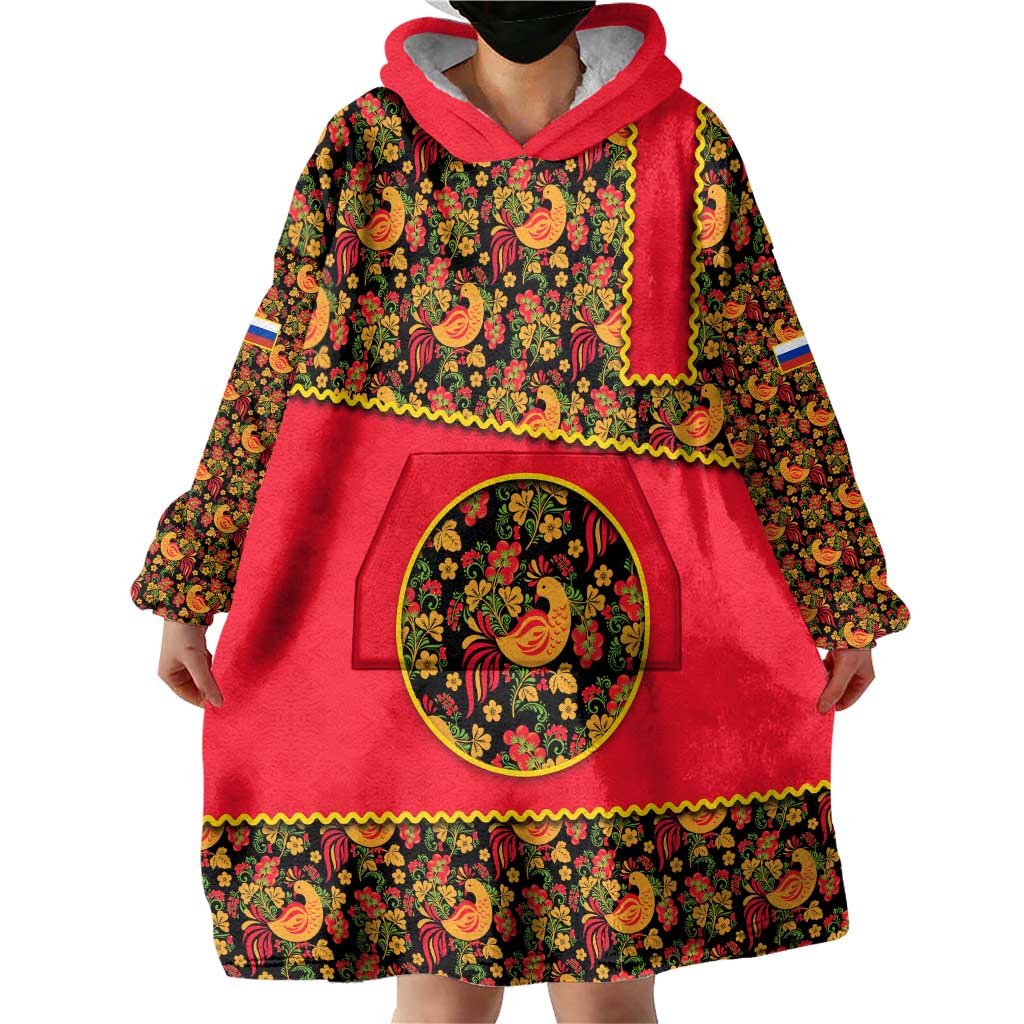 Russia Folk Art Wearable Blanket Hoodie with Khokhloma Pattern and Traditional Rooster Design