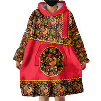 Russia Folk Art Wearable Blanket Hoodie with Khokhloma Pattern and Traditional Rooster Design