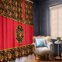 Russia Folk Art Window Curtain with Khokhloma Pattern and Traditional Rooster Design