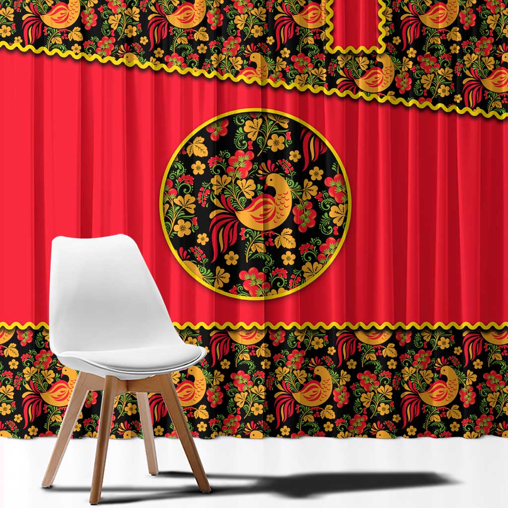 Russia Folk Art Window Curtain with Khokhloma Pattern and Traditional Rooster Design