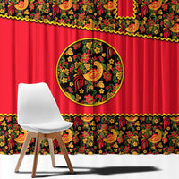 Russia Folk Art Window Curtain with Khokhloma Pattern and Traditional Rooster Design