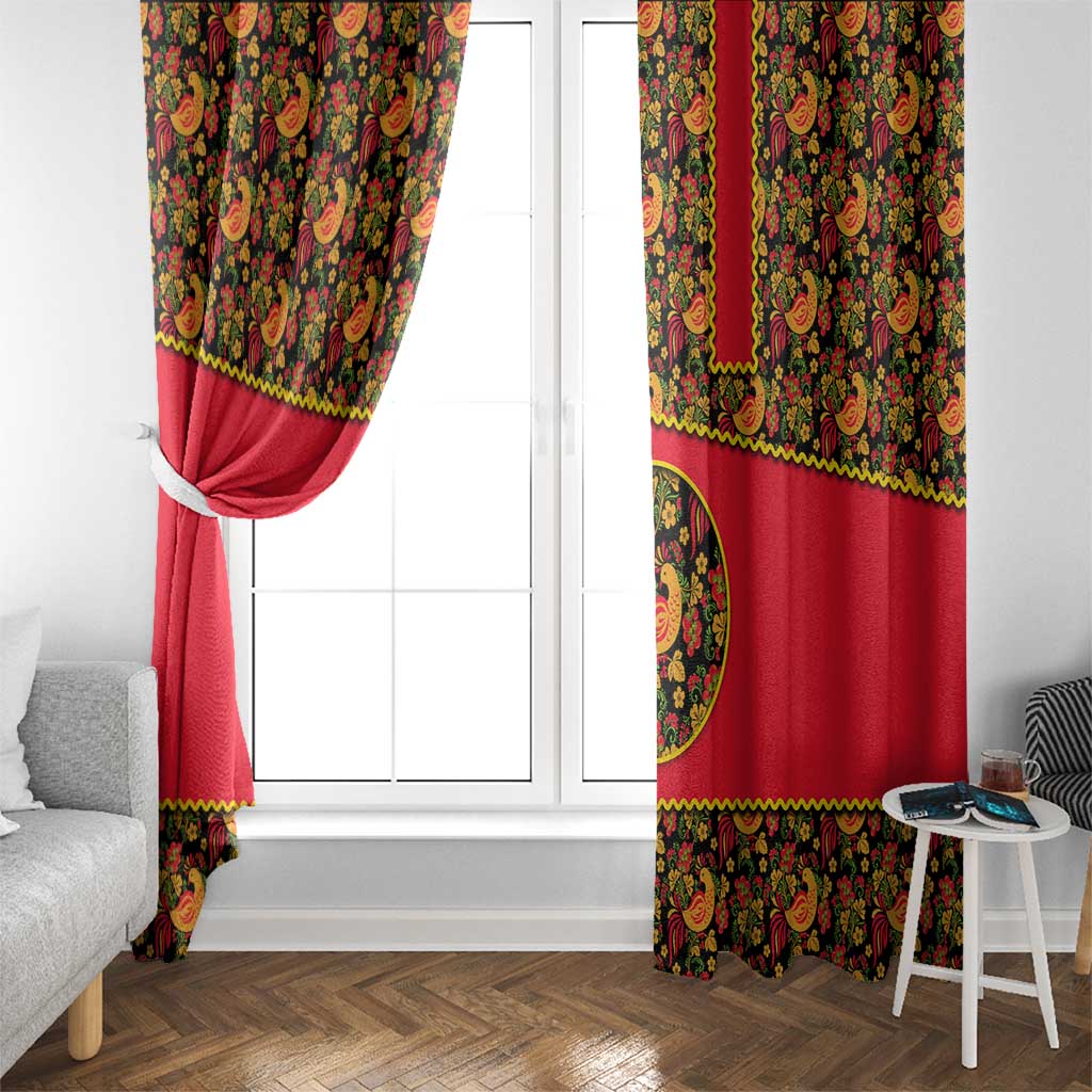 Russia Folk Art Window Curtain with Khokhloma Pattern and Traditional Rooster Design