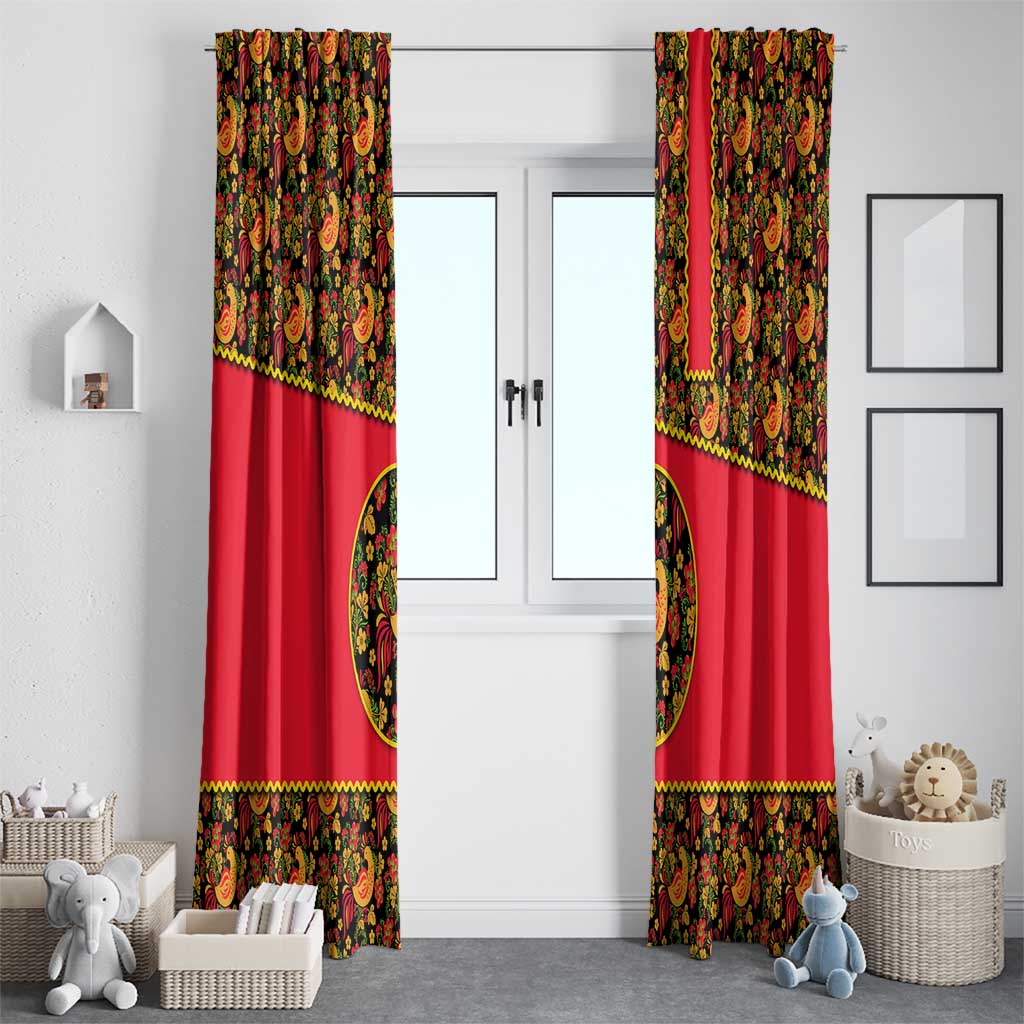 Russia Folk Art Window Curtain with Khokhloma Pattern and Traditional Rooster Design