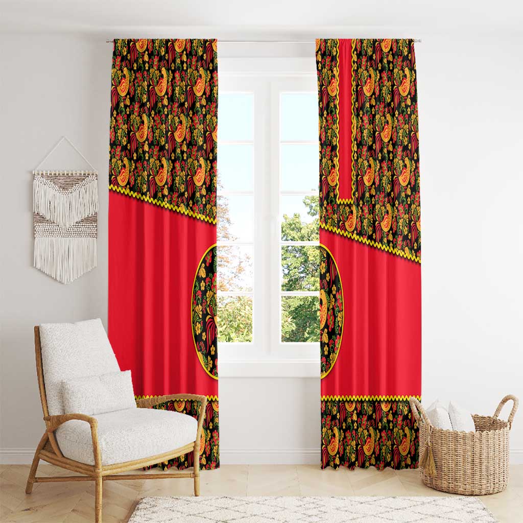 Russia Folk Art Window Curtain with Khokhloma Pattern and Traditional Rooster Design