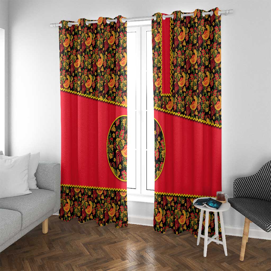 Russia Folk Art Window Curtain with Khokhloma Pattern and Traditional Rooster Design