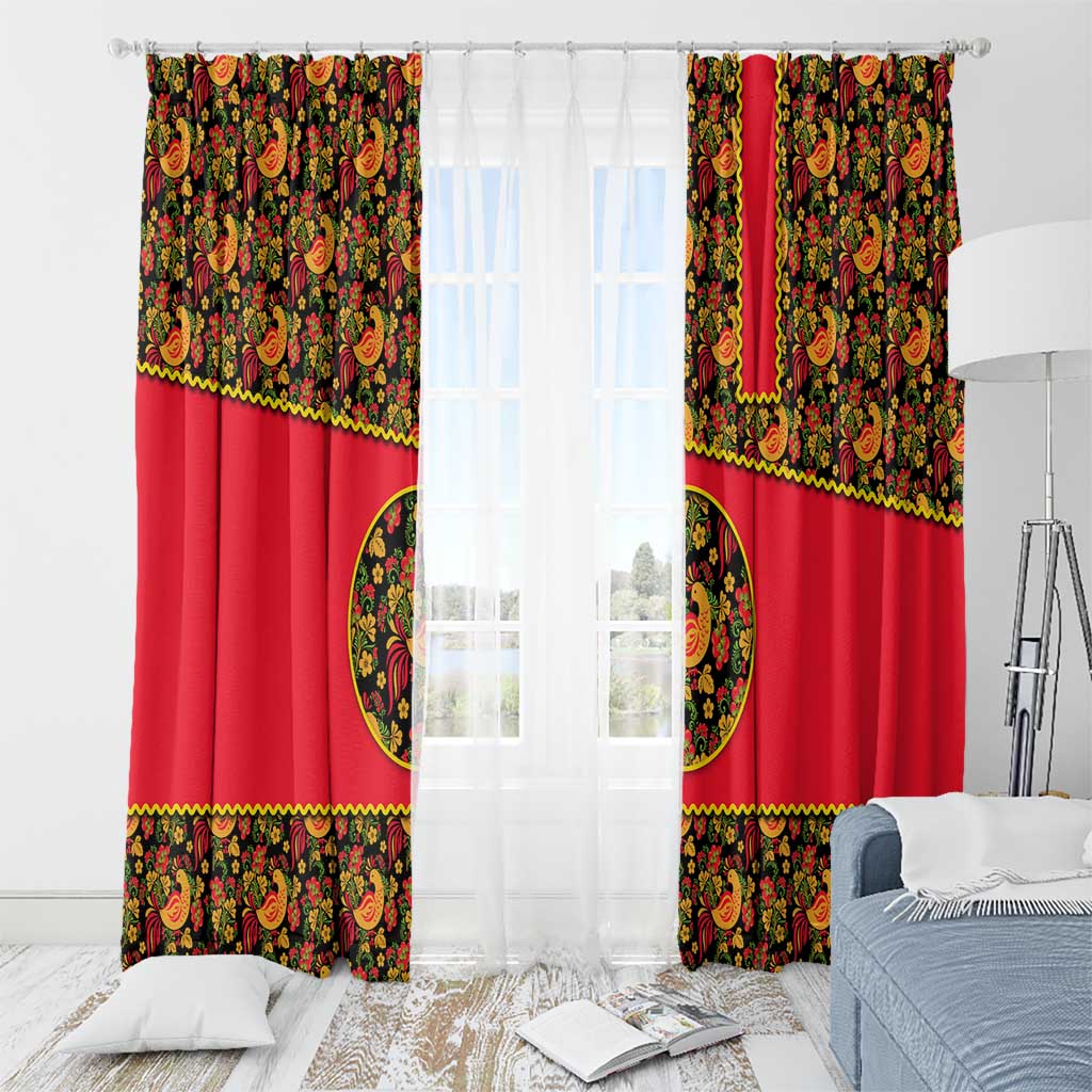 Russia Folk Art Window Curtain with Khokhloma Pattern and Traditional Rooster Design
